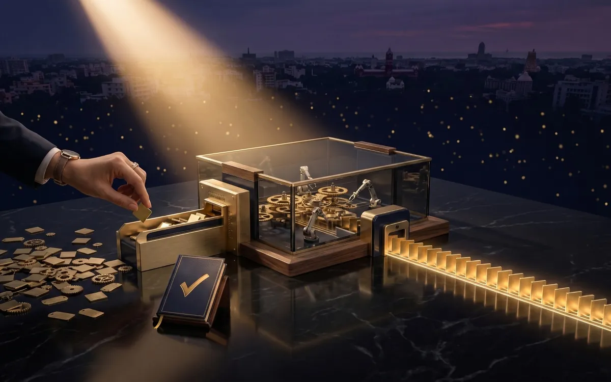 Precision brass mechanism turning scattered pieces into a perfectly ordered row