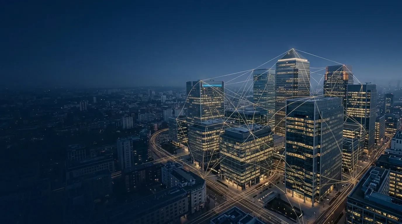 Aerial view of a modern financial district at dusk, with fine gold lines connecting the office towers into one network