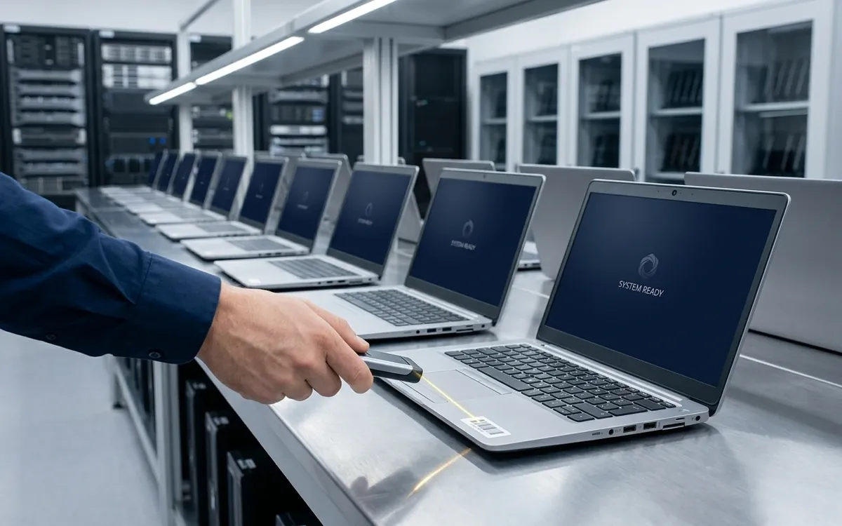 Rows of new business laptops being asset-tagged and scanned in an enterprise deployment centre