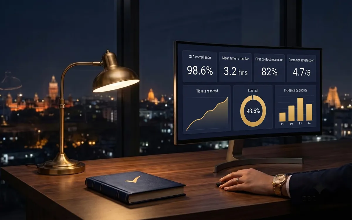 IT service management dashboard showing SLA compliance, resolution time and satisfaction scores