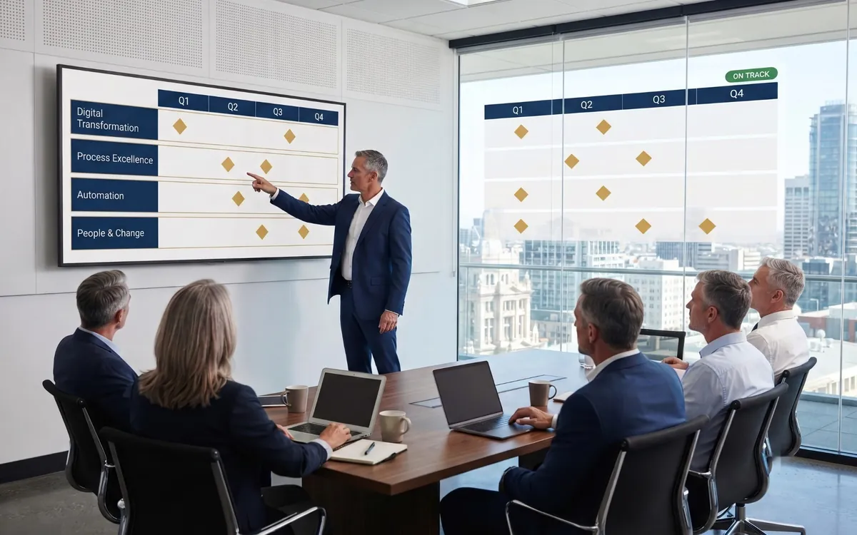 Programme leader presenting a quarterly roadmap with workstreams for digital transformation, process excellence, automation and people and change to senior executives