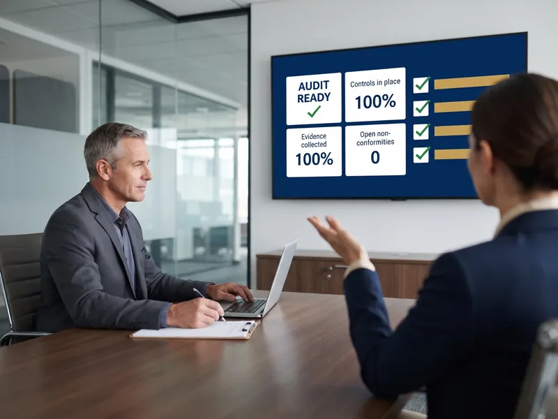 Compliance lead walking an auditor through a dashboard showing audit ready, controls in place 100%, evidence collected 100% and zero open non-conformities