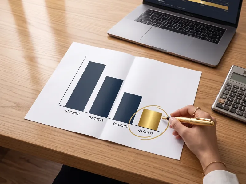 Bar chart of quarterly costs falling, with the lowest quarter circled in gold