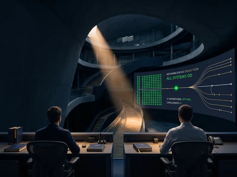IT operations team monitoring an all-systems-go dashboard in a modern headquarters