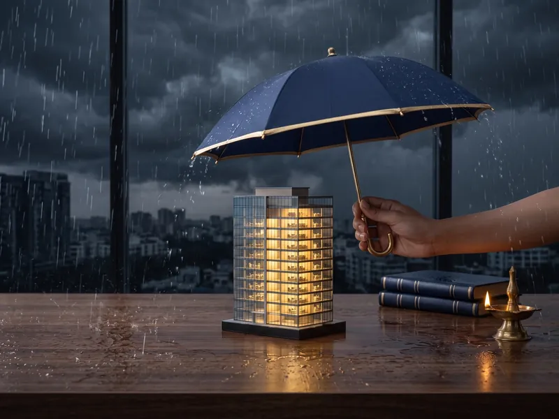 A navy umbrella sheltering an illuminated model office building from the rain