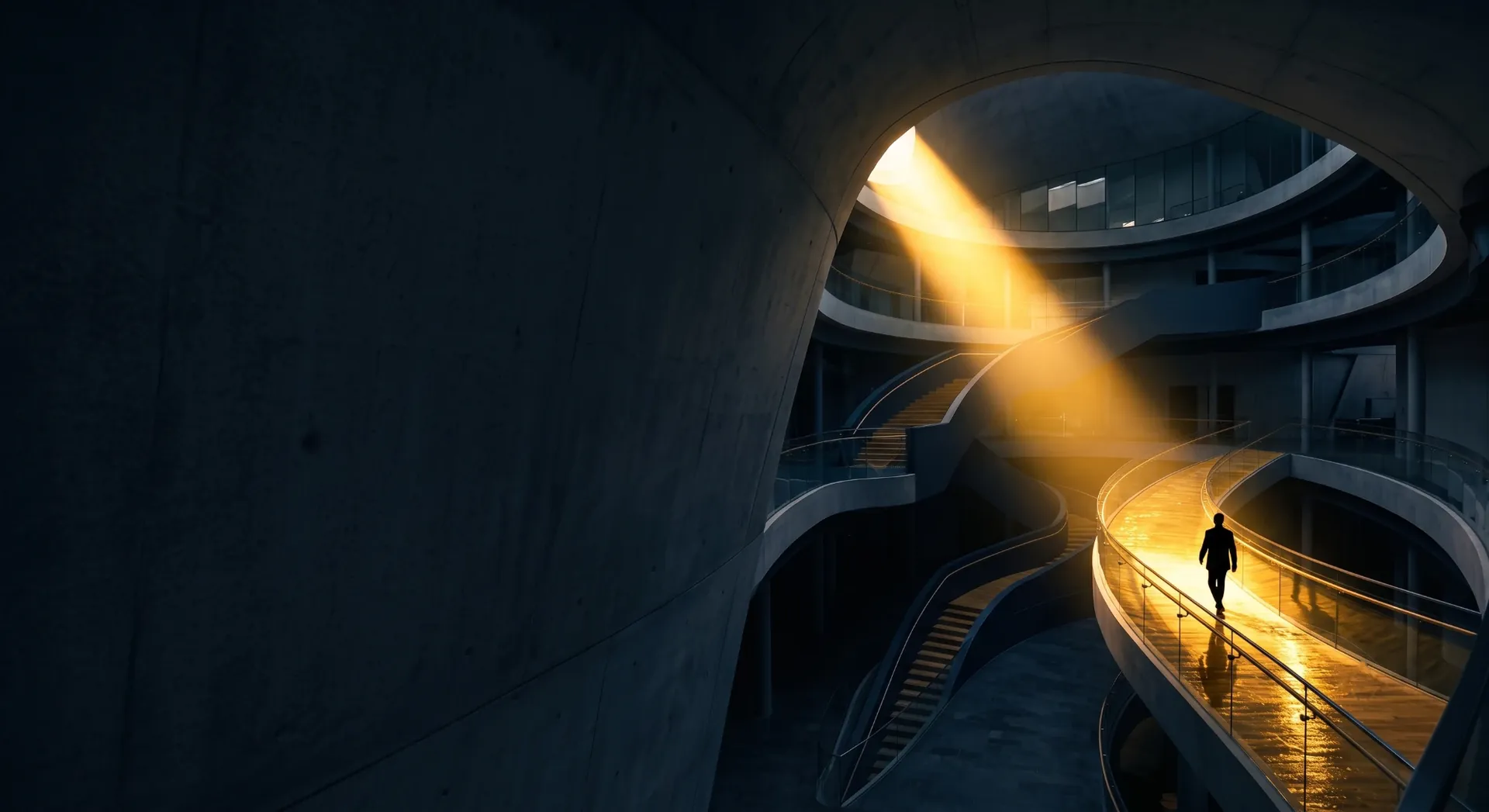 A leader walking a sunlit path through a modern headquarters atrium