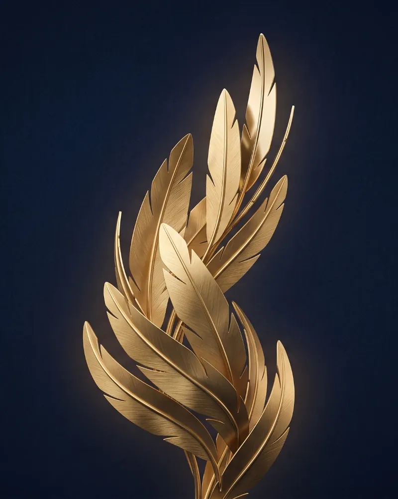 Sculpted golden feathers rising against deep navy, symbolising the phoenix and renewal