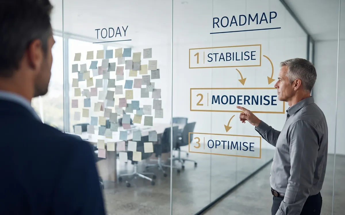 CIO pointing at a three-phase roadmap, Stabilise, Modernise, Optimise, beside a wall of messy sticky notes labelled Today